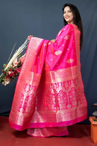 Women's Pink Paithani Silk Zari Woven Saree with Blouse
