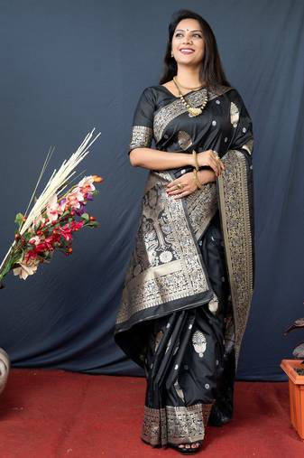 Women's Black Paithani Silk Zari Woven Saree with Blouse