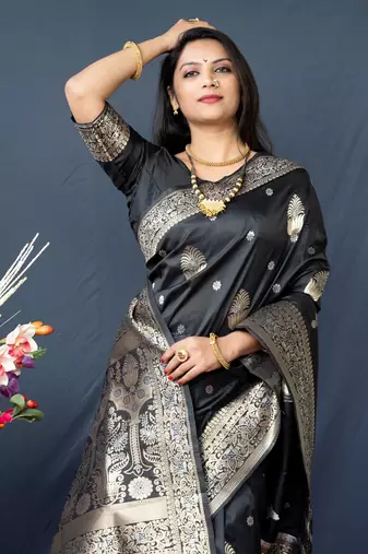 Women's Black Paithani Silk Zari Woven Saree with Blouse