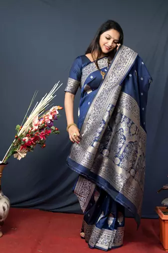 Women's Navy Blue Paithani Silk Zari Woven Saree with Blouse