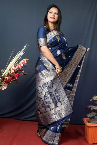 Women's Navy Blue Paithani Silk Zari Woven Saree with Blouse