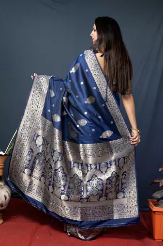 Women's Navy Blue Paithani Silk Zari Woven Saree with Blouse