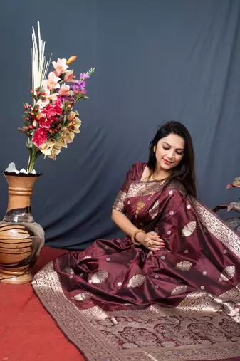 Women's Brown Paithani Silk Zari Woven Saree with Blouse