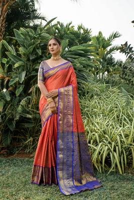 Women's Orange Faux Kanjivaram Silk Zari Woven Saree with Blouse 1