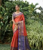 Women's Orange Faux Kanjivaram Silk Zari Woven Saree with Blouse