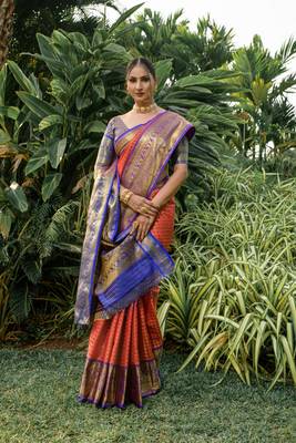Women's Orange Faux Kanjivaram Silk Zari Woven Saree with Blouse 2