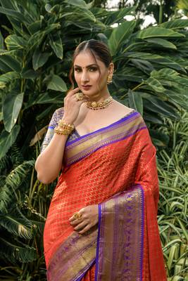 Women's Orange Faux Kanjivaram Silk Zari Woven Saree with Blouse 3