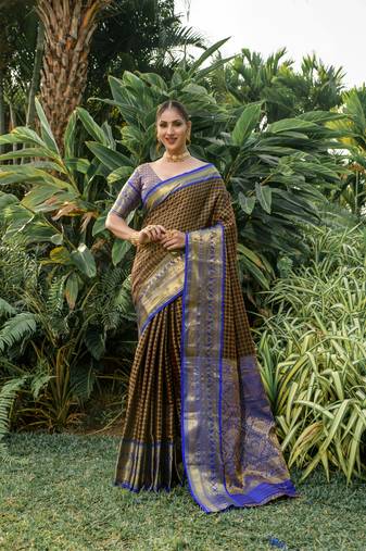 Women's Coffee Faux Kanjivaram Silk Zari Woven Saree with Blouse
