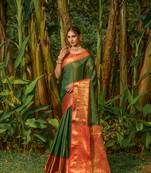 Women's Bottle Green Faux Kanjivaram Silk Zari Woven Saree with Blouse