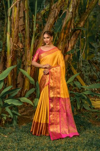 Women's Yellow Faux Kanjivaram Silk Zari Woven Saree with Blouse
