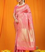 Women's Pink Faux Kanjivaram Silk Zari Woven Saree with Blouse