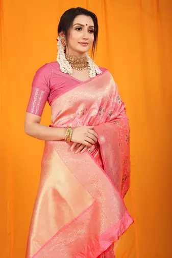 Women's Pink Faux Kanjivaram Silk Zari Woven Saree with Blouse