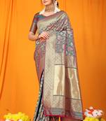 Women's Grey Faux Kanjivaram Silk Zari Woven Saree with Blouse