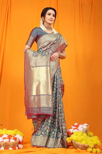 Women's Grey Faux Kanjivaram Silk Zari Woven Saree with Blouse