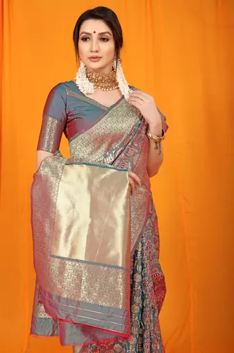 Women's Grey Faux Kanjivaram Silk Zari Woven Saree with Blouse