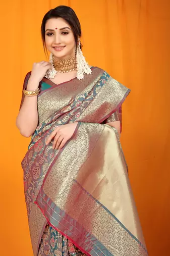 Women's Grey Faux Kanjivaram Silk Zari Woven Saree with Blouse