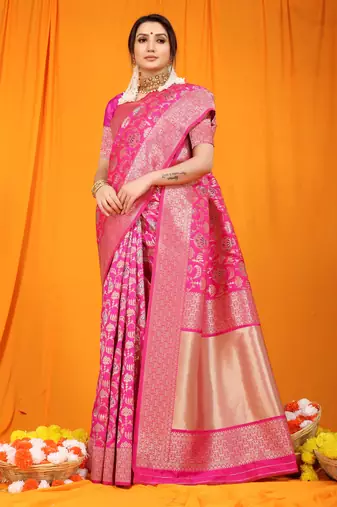 Women's Rani Pink Faux Kanjivaram Silk Zari Woven Saree with Blouse