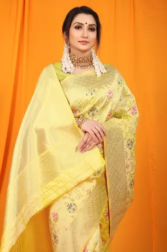 Women's Cream Faux Kanjivaram Silk Zari Woven Saree with Blouse