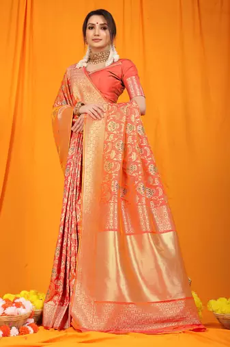 Women's Orange Faux Kanjivaram Silk Zari Woven Saree with Blouse