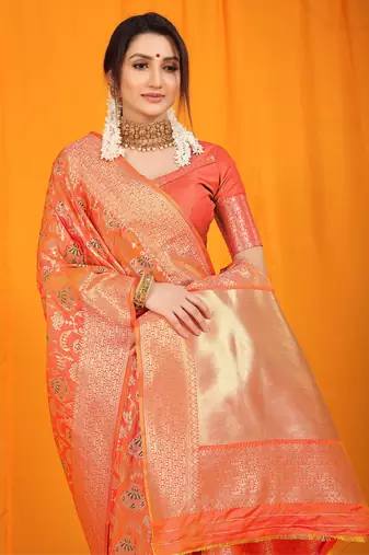 Women's Orange Faux Kanjivaram Silk Zari Woven Saree with Blouse