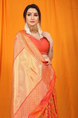 Women's Orange Faux Kanjivaram Silk Zari Woven Saree with Blouse 4