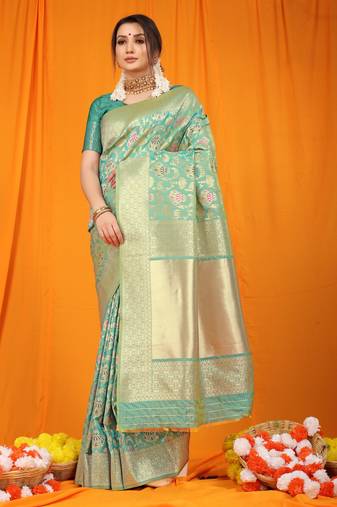 Women's Sea Green kanjivaram silk blend zari Woven Saree with Blouse