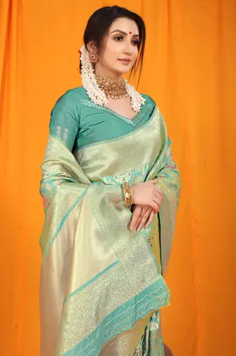 Women's Sea Green Faux Kanjivaram Silk Zari Woven Saree with Blouse