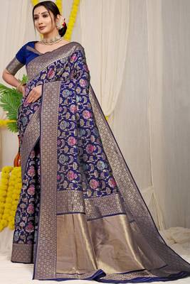 Women's Navy Blue Faux Kanjivaram Silk Zari Woven Saree with Blouse 1