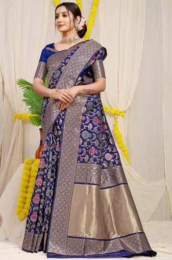 Women's Navy Blue Faux Kanjivaram Silk Zari Woven Saree with Blouse