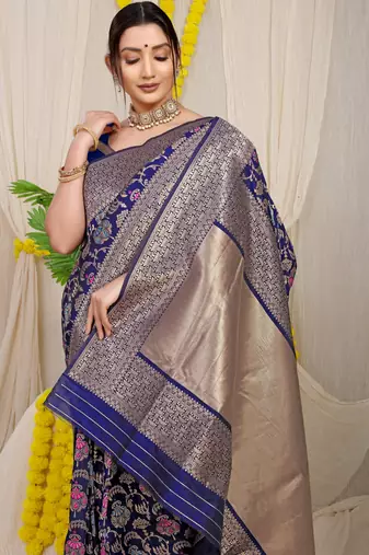 Women's Navy Blue Faux Kanjivaram Silk Zari Woven Saree with Blouse