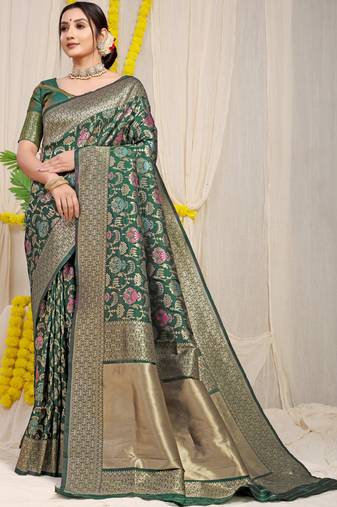 Women's Bottle Green Faux Kanjivaram Silk Zari Woven Saree with Blouse