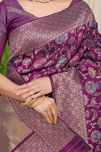 Women's Wine Faux Kanjivaram Silk Zari Woven Saree with Blouse