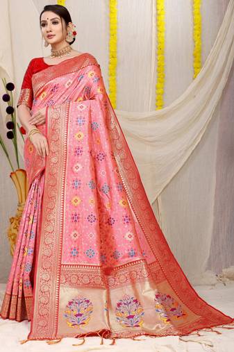 Women's Baby Pink Faux Patola Silk Zari Woven Saree with Blouse
