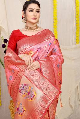 Women's Baby Pink Faux Patola Silk Zari Woven Saree with Blouse 3