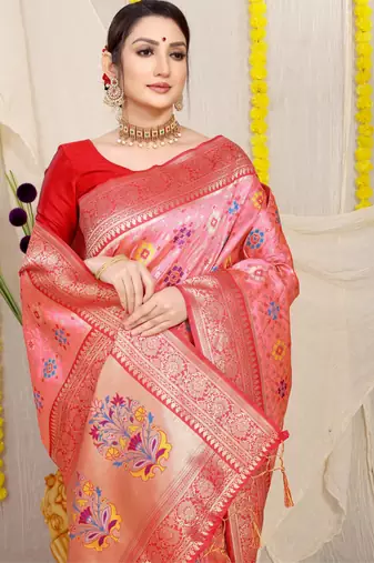 Women's Baby Pink Faux Patola Silk Zari Woven Saree with Blouse