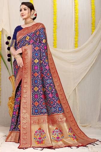 Women's Navy Blue Faux Patola Silk Zari Woven Saree with Blouse