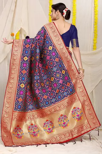 Women's Navy Blue Faux Patola Silk Zari Woven Saree with Blouse
