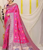 Women's Rani Pink Faux Patola Silk Zari Woven Saree with Blouse