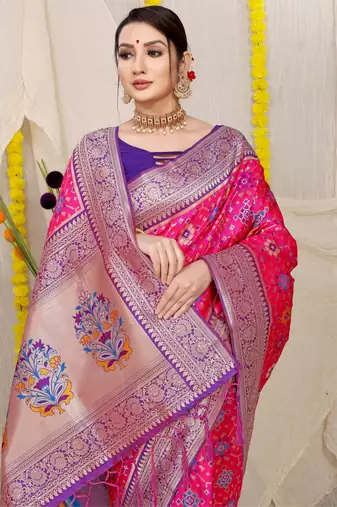 Women's Rani Pink Faux Patola Silk Zari Woven Saree with Blouse