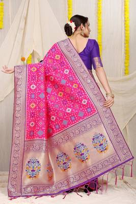 Women's Rani Pink Faux Patola Silk Zari Woven Saree with Blouse 4