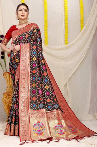 Women's Black Faux Patola Silk Zari Woven Saree with Blouse