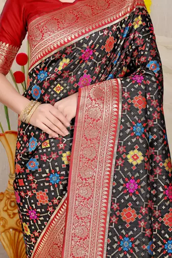 Women's Black Faux Patola Silk Zari Woven Saree with Blouse