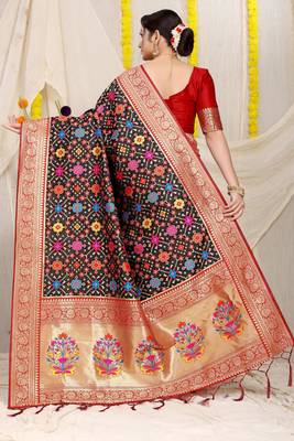 Women's Black Faux Patola Silk Zari Woven Saree with Blouse 4