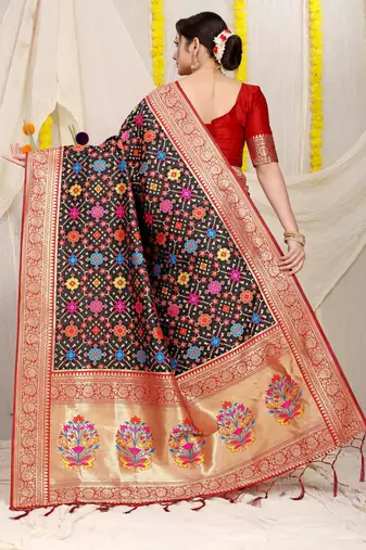 Women's Black Faux Patola Silk Zari Woven Saree with Blouse