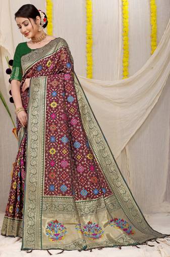 Women's Wine Faux Patola Silk Zari Woven Saree with Blouse