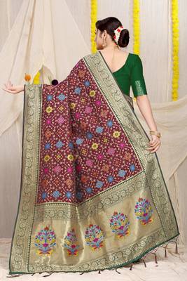 Women's Wine Faux Patola Silk Zari Woven Saree with Blouse 4