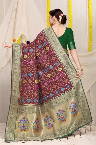 Women's Wine Faux Patola Silk Zari Woven Saree with Blouse