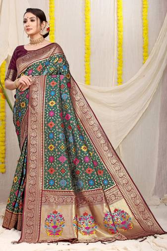 Women's Bottle Green Faux Patola Silk Zari Woven Saree with Blouse
