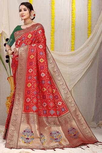 Women's Red Faux Patola Silk Zari Woven Saree with Blouse