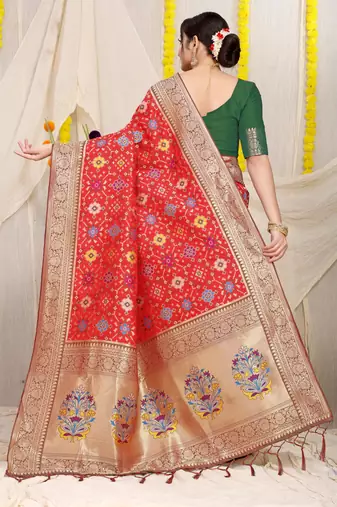 Women's Red Faux Patola Silk Zari Woven Saree with Blouse